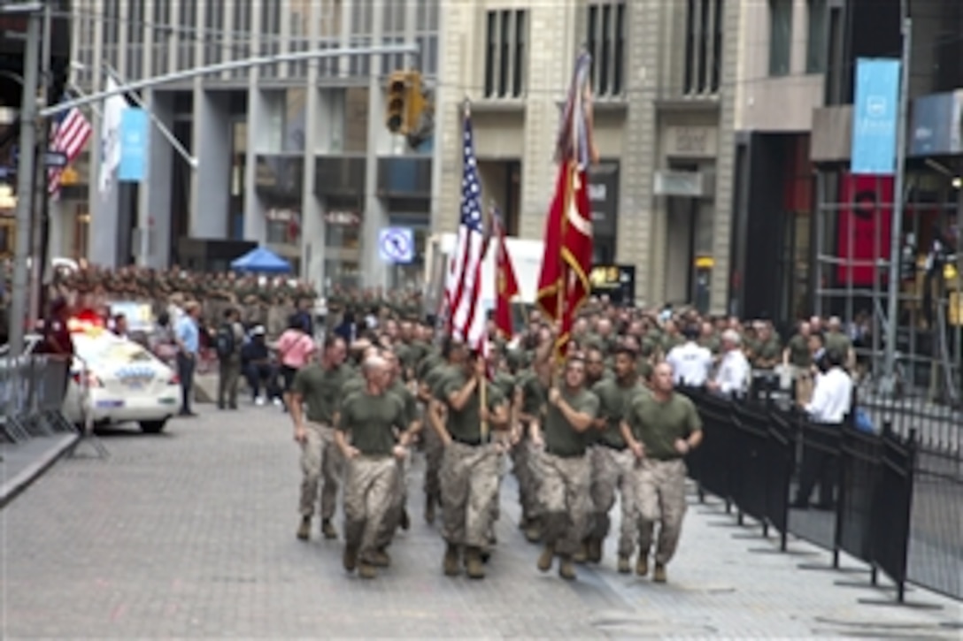 In remembrance of the 9/11 attacks, Marines assigned to Special Marine Air Ground Task Force New York participate in a motivational run through the city, May 29, 2012. The run is a culminating event for the Marines' week-long celebration of Fleet Week New York, which has been New York City's celebration of the sea services since 1984.
