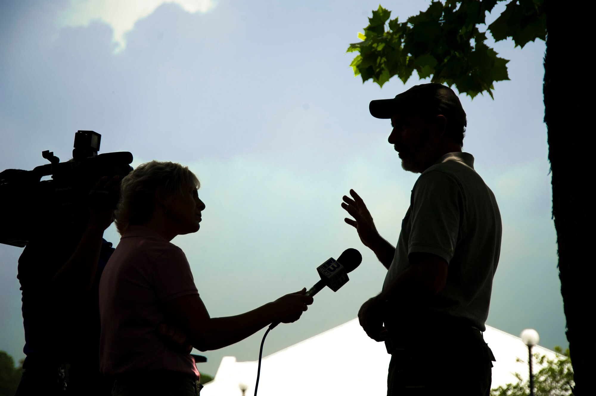 James Furman, manager of Eglin Air Force Base's Wild Land Firefighter program, is interviewed during a press conference regarding a local wildfire while at Northwest Florida State College at Fort Walton Beach, Fla., May 30, 2012.  Furman is working with Eglin Air Force Base, Hurlburt Field and local community resources to contain the wild fire. (U.S. Air Force Photo by Airman 1st Class Naomi M. Griego/RELEASED)

