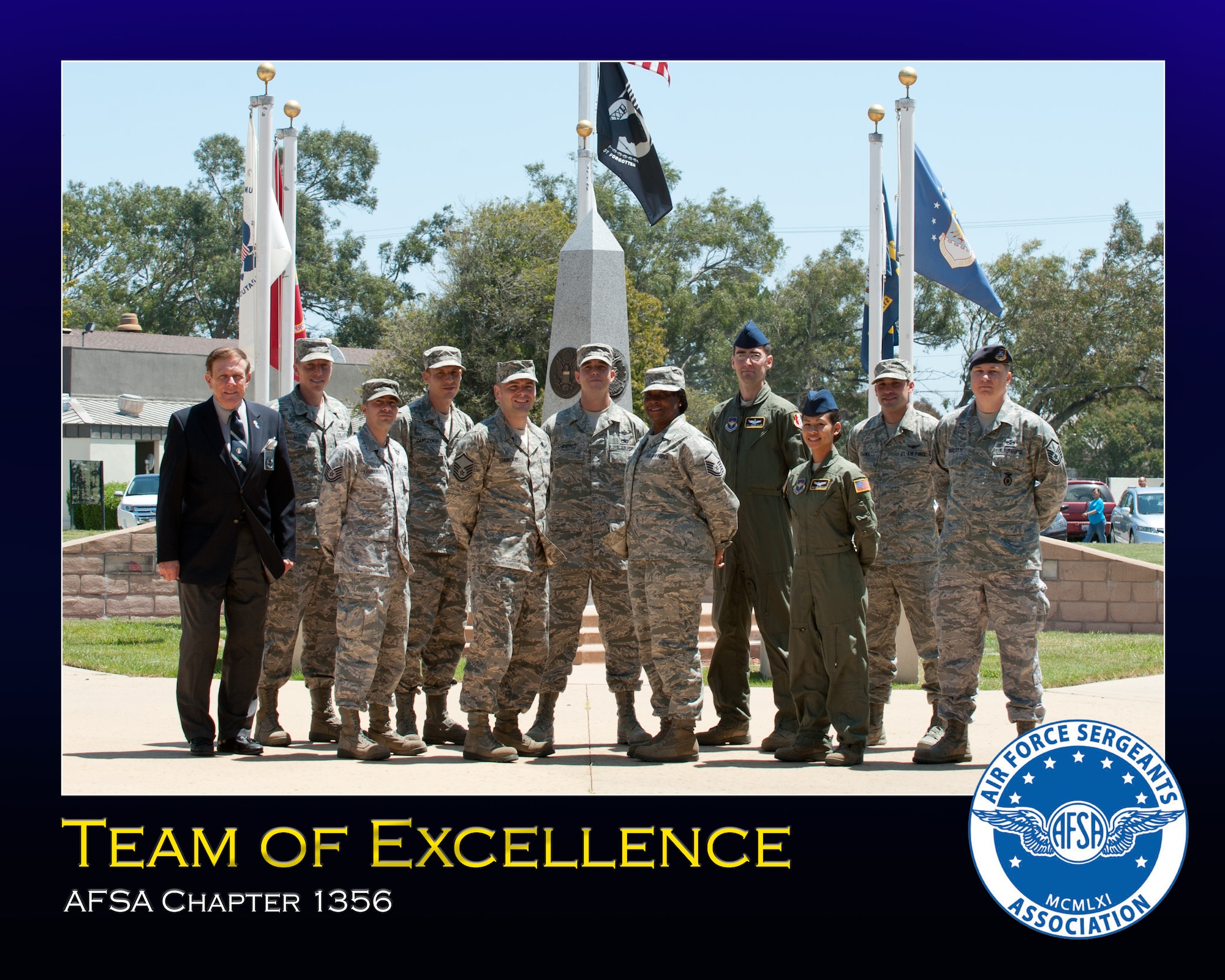 VANDENBERG AIR FORCE BASE, Calif. -- The Vandenberg Air Force Sergeants Association is recognized as the 2011 Division Chapter of the Year (under 500 members). The Vandenberg AFSA Chapter adopted two miles of state highway bringing 36 members out to remove 2,000 pounds of trash and beautifying over 8 miles. They revitalized the chapter's scholarship program delivering $600 in educational scholarships. The chapter also briefed during five Airman Leadership School classes and to 68 of Vandeberg?s newest senior noncommissioned officers on the importance of private organizations. The members also beautified the POW/MIA memorial spending five hours cleaning and replacing $250 in flags for more than 50,000 patrons that visit it. Please join Col. Nina Armagno, the 30th Space Wing commander, in congratulating this Team of Excellence, the Vandenberg Air Force Sergeants Association Chapter! (U.S. Air Force photo/Michael Peterson)