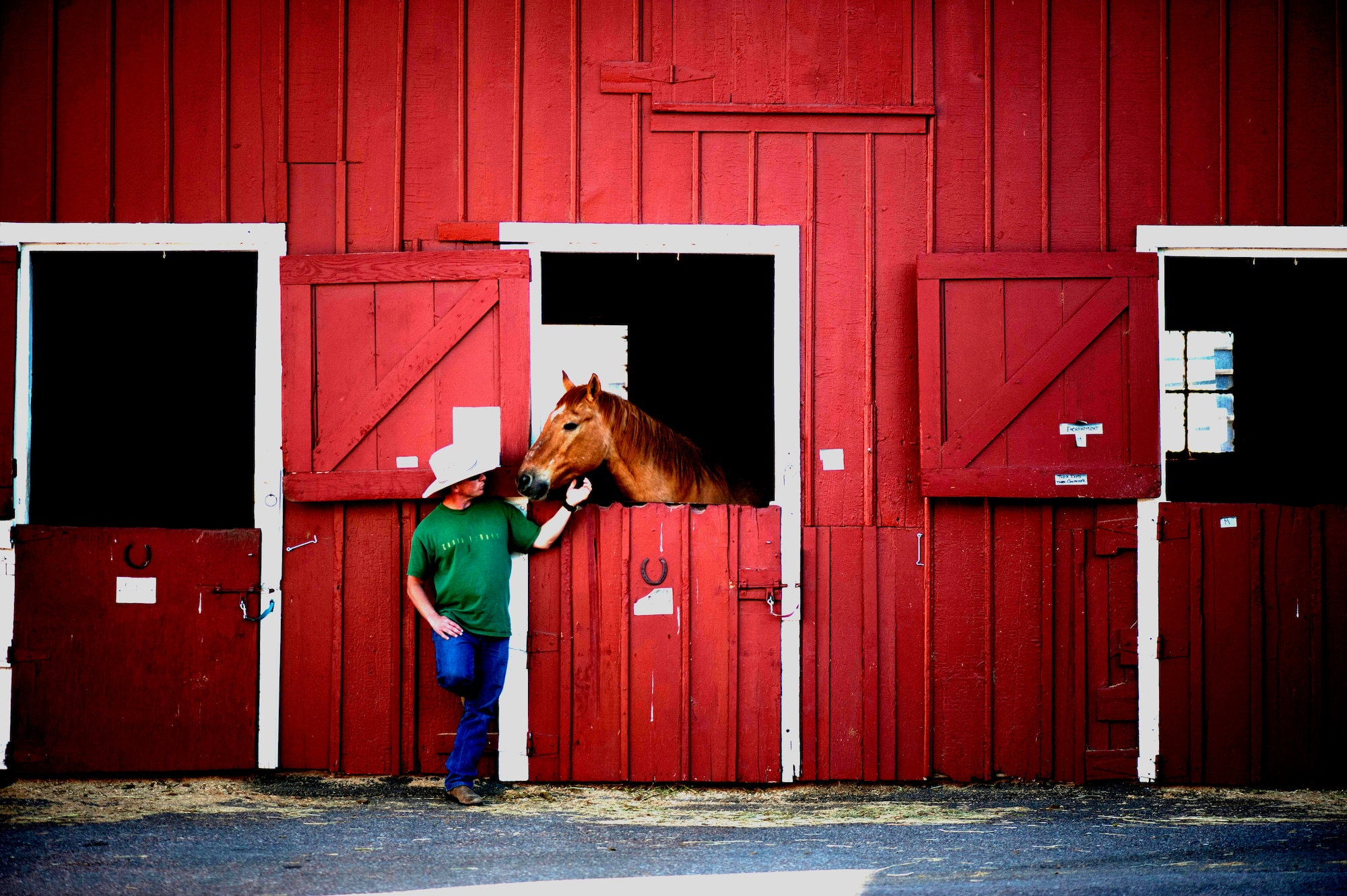 U.S. Army Sgt. Dale Chick pets a horse at the equestrian center April 27, 2012, at the U.S. Air Force Academy in Colorado Springs, Colo. Chick said volunteering at the stables and working with horses helps him find inner peace and comfort after being deployed in Iraq and Afghanistan. (U.S. Air Force photo/Val Gempis)