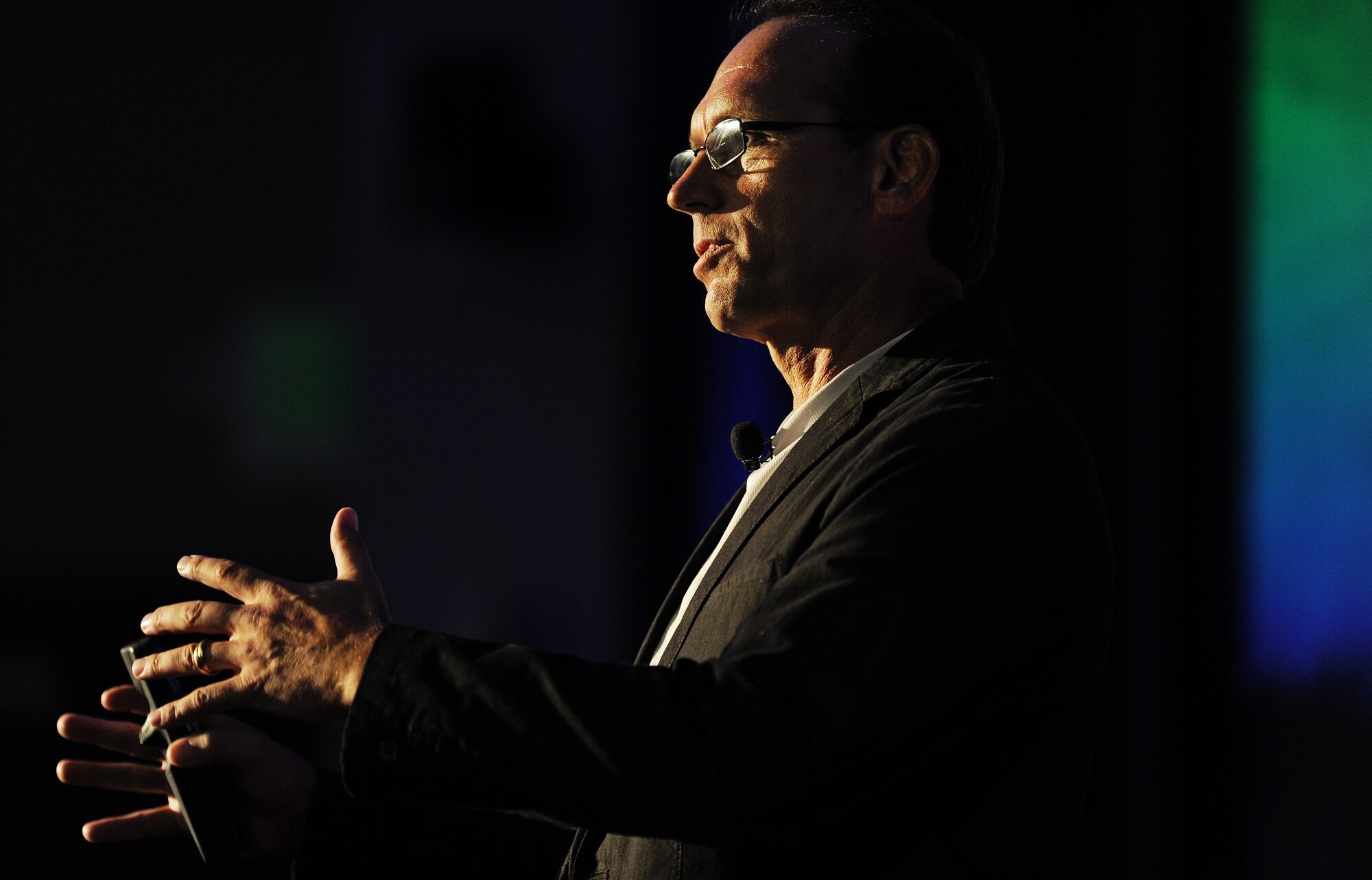 Dave Marquet, former Navy Captain of USS Santa Fe nuclear powered submarine, speaks to the audience about empowering people to become leaders who think for themselves during a TEDx talk at Scott Air Force Base, Ill. May 30. Noted author Dr. Stephen Covey rode USS Santa Fe and discusses one of Captain Marquet’s leadership practices in his book, The 8th Habit. USS Santa Fe has produced a highly disproportionate number of subsequent leaders including two Major Commanders, three Submarine Commanders, and ten Submarine Executive Officers. (U.S. Air Force photo/ Staff Sgt. Ryan Crane)