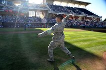KIRTLAND AFB, N.M. – Tech. Sgt. Thomas Seamans, 377 SFS, threw out a ceremonial first pitch before an Albuquerque Isotopes game Sunday. The team held its annual “Military Appreciation Days” Saturday and Sunday. (Photo by Ken Moore)