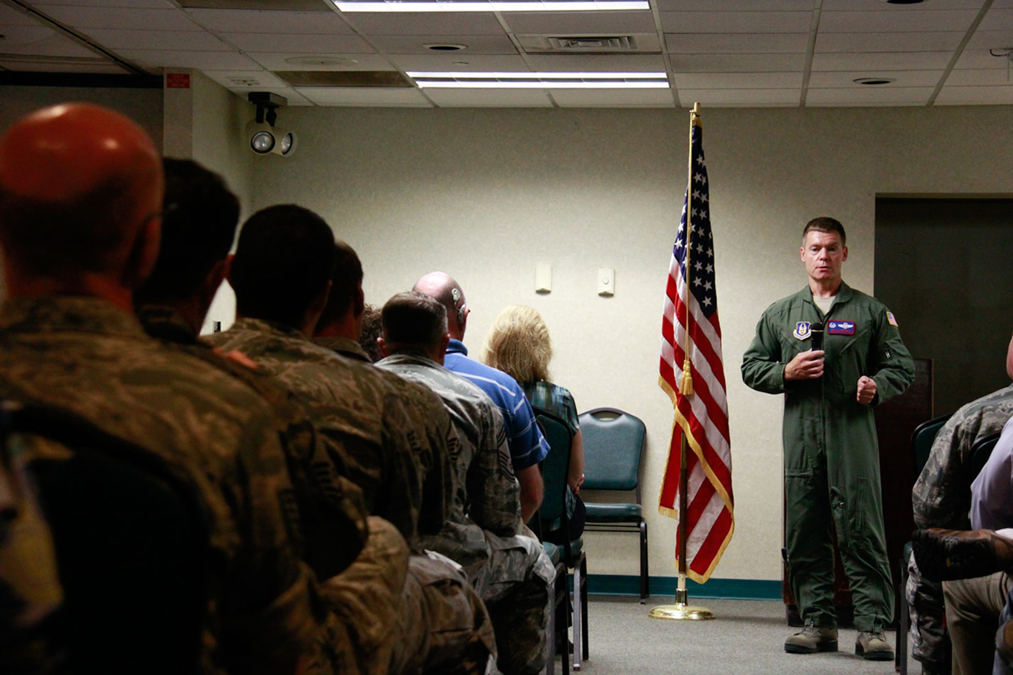 PITTSBURGH IAP ARS -- Col. Craig C. Peters, 911th Airlift Wing commander, addresses personnel at his first Civilian Commander's Call, held in Club Cargo Bay here, May 24, 2012. The Commander briefed the civilians on the importance of mission readiness, professionalism in the work place, and the upcoming 101 Critical
Days of Summer when more off-duty mishaps occur than any other time of the
year.  (U.S. Air Force photo by Airman 1st Class Justyne Obeldobel/Released)
