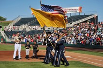 KIRTLAND AFB, N.M. – The Kirtland Air Force Base Honor Guard presented the colors in pregame ceremonies for the Albuquerque Isotopes “Military Appreciation Days” Saturday and Sunday. (Photo by Ken Moore)
