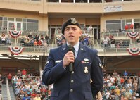 KIRTLAND AFB, N.M. – Airman 1st Class Joseph Fasulo, 377th Security Forces Squadron, sang “The Star-Spangled Banner” before an Albuquerque Isotopes game Saturday. The team held its annual “Military Appreciation Days” Saturday and Sunday. (Photo by Todd Berenger)