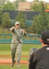 KIRTLAND AFB, N.M. -- Airman 1st Class Joseph Buckley, 377th Logistics Readiness Squadron, threw out a ceremonial first pitch before an Albuquerque Isotopes game Saturday. The team held its annual “Military Appreciation Days” Saturday and Sunday. (Photo by Todd Berenger) 