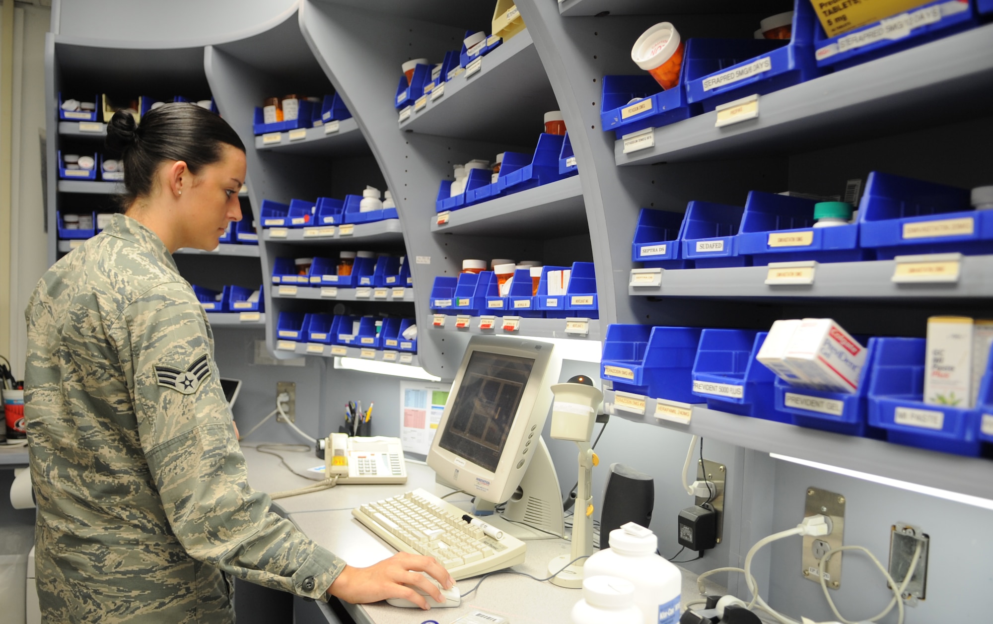 U.S. Air Force Senior Airman Kenda Zornes verifies a prescription on a computer at the pharmacy on Seymour Johnson Air Force Base, N.C., May 30, 2012. Prescriptions are readily accessible on computers and are double-checked prior to releasing the medication to the patient.  Zornes, 4th Medical Support Squadron pharmacy technician, hails from Lincolnton, N.C. (U.S. Air Force photo/Airman 1st Class Aubrey Robinson/Released)
