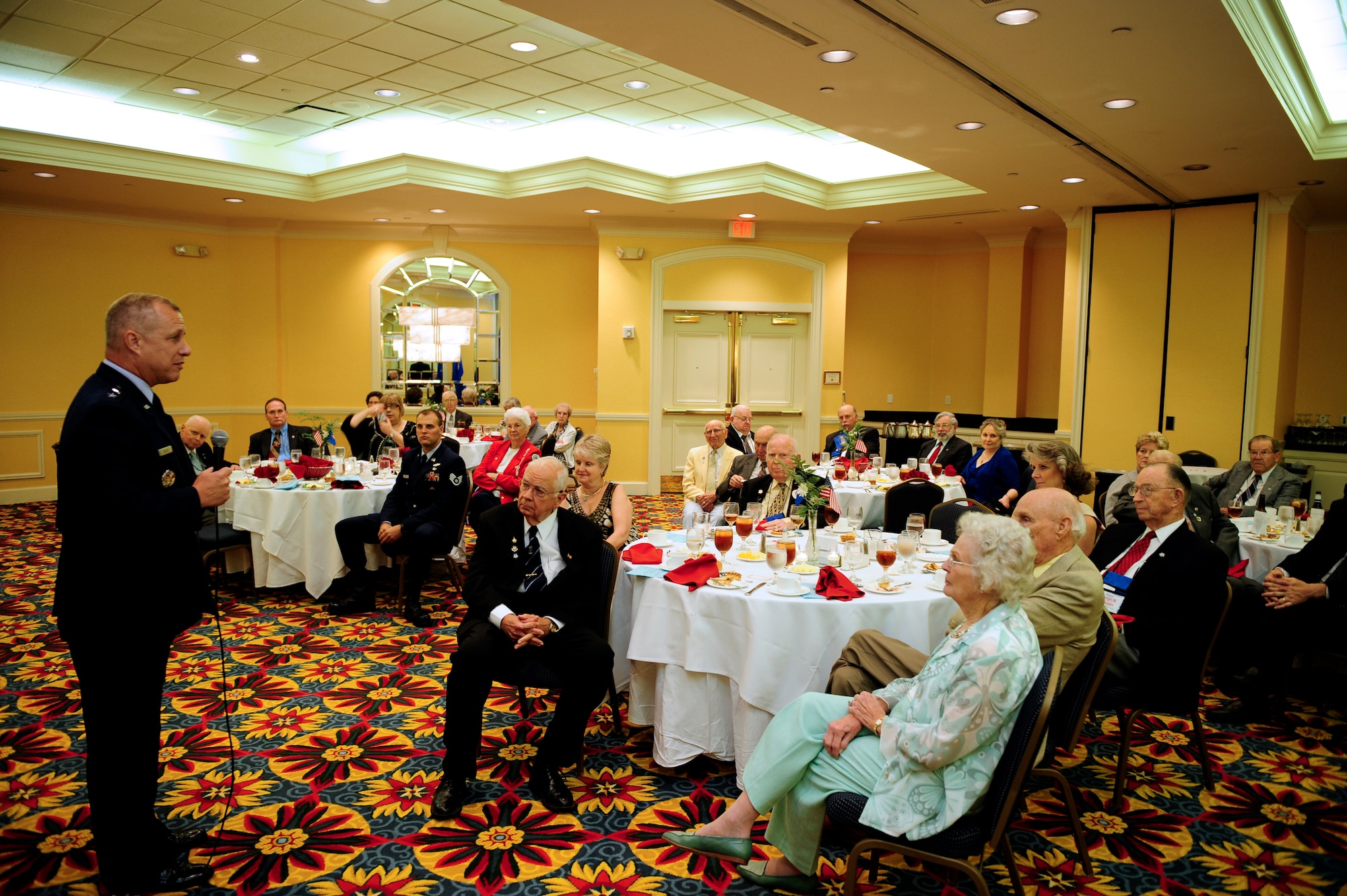 Maj. Gen. Larry Wells, 9th Air Force commander, speaks to 9th AF Association banquet attendees, commending and thanking them for their years of service at the Marriot Hotel in Columbia, S.C., May 25, 2012. The farewell banquet was the last event in a three day tour of events at Shaw AFB, Sumter and the surrounding communities. (U.S. Air Force photo by Airman Daniel B. Blackwell/Released)