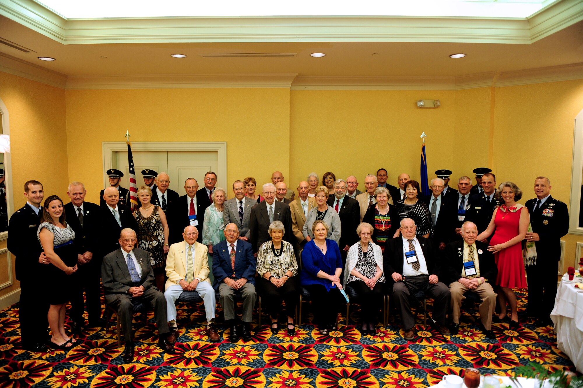Members of 9th Air Force Association and Shaw Air Force Base Honor Guard pose for group photo at the Marriot Hotel in Columbia, S.C., May 25, 2012. The farewell banquet was the last event in a three day tour of events at Shaw AFB, Sumter and the surrounding communities. (U.S. Air Force photo by Airman Daniel B. Blackwell/Released)