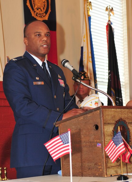 U.S. Air Force Col. Neal Robinson, 23d Maintenance Group commander, honors Moody Air Force Base, Ga., service members and their families who have paid the ultimate sacrifice during a Memorial Day ceremony May 28, 2012. Robinson spoke of what Memorial Day means to him while reflecting on his deployment to Afghanistan. (U.S. Air Force photo by Staff Sgt. Stephanie Mancha/Released)
