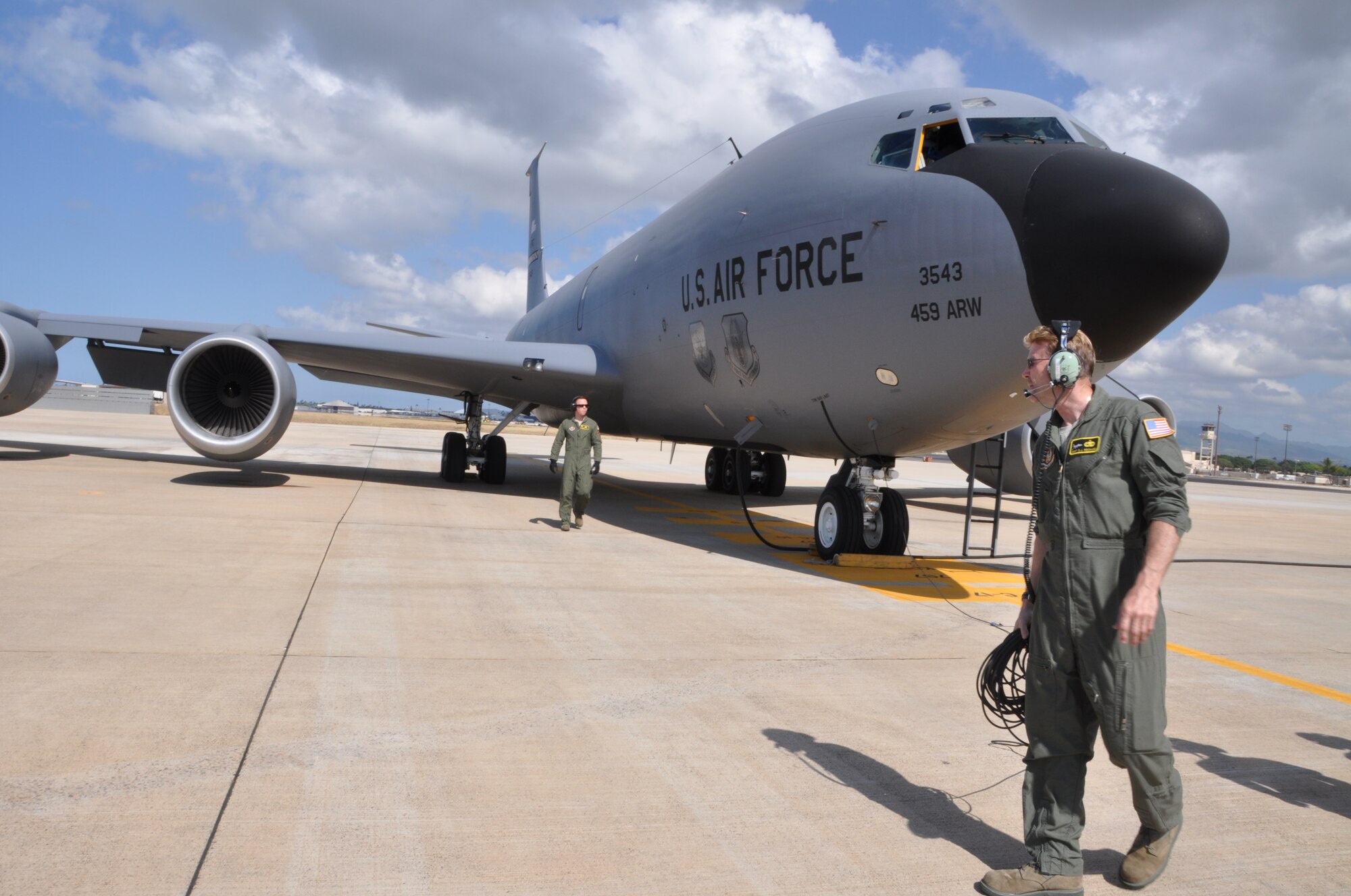 Master Sgt. Steve Reicharz  and Tech. Sgt. Matt Gauvin of the 459th Aircraft Maintenance Squadron do a final check of the aircraft before departing Joint Base Pearl Harbor-Hickam, Hawaii, May 16, 2012. The 459th Air Refueling Wing traveled to Hawaii, Guam before their final destination in Australia in support of the Royal Australian Air Force for the Defense Forces Air Show, May 19-20.  Training was a big part of the mission and the 459th AMXS kept the over 50-year-old KC-135 Stratotanker fully mission capable with minimal delays during the duration of the trip. (U.S. Air Force photo/Senior Airman Katie Spencer) Eds. Note [Eds. The spelling Defence is in original document]