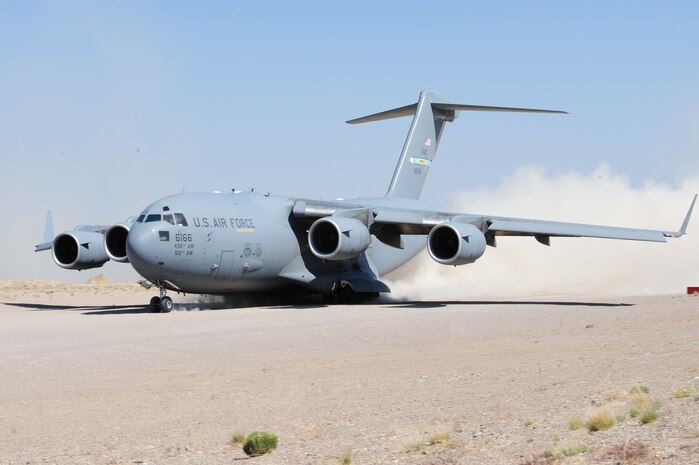 A U.S Air Force C-17 Globemaster III from Dover Air Force Base, Del., lands during a Mobility Air Forces Exercise May 23, 2012, at the Nevada Test and Training Range. The C-17 is 174 feet long and has a wingspan of about 170 feet, and is able to airlift cargo fairly close to a battle area. (U.S. Air Force photo by Airman 1st Class Christopher Tam)