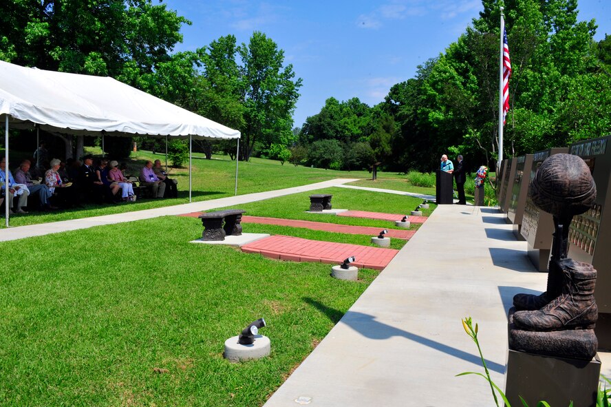 Tom Olsen, 9th Air Force Association member, speaks to members of the 9th AFA at the Fallen Airman Memorial at Shaw Air Force Base, S.C., May 24, 2012. The 9th AFA began on July 20, 1990 when representatives from World War II combat units gathered in St. Louis, Mo. to preserve and publicize its’ history. (U.S. Air Force photo by Senior Airman Daniel Phelps/Released)