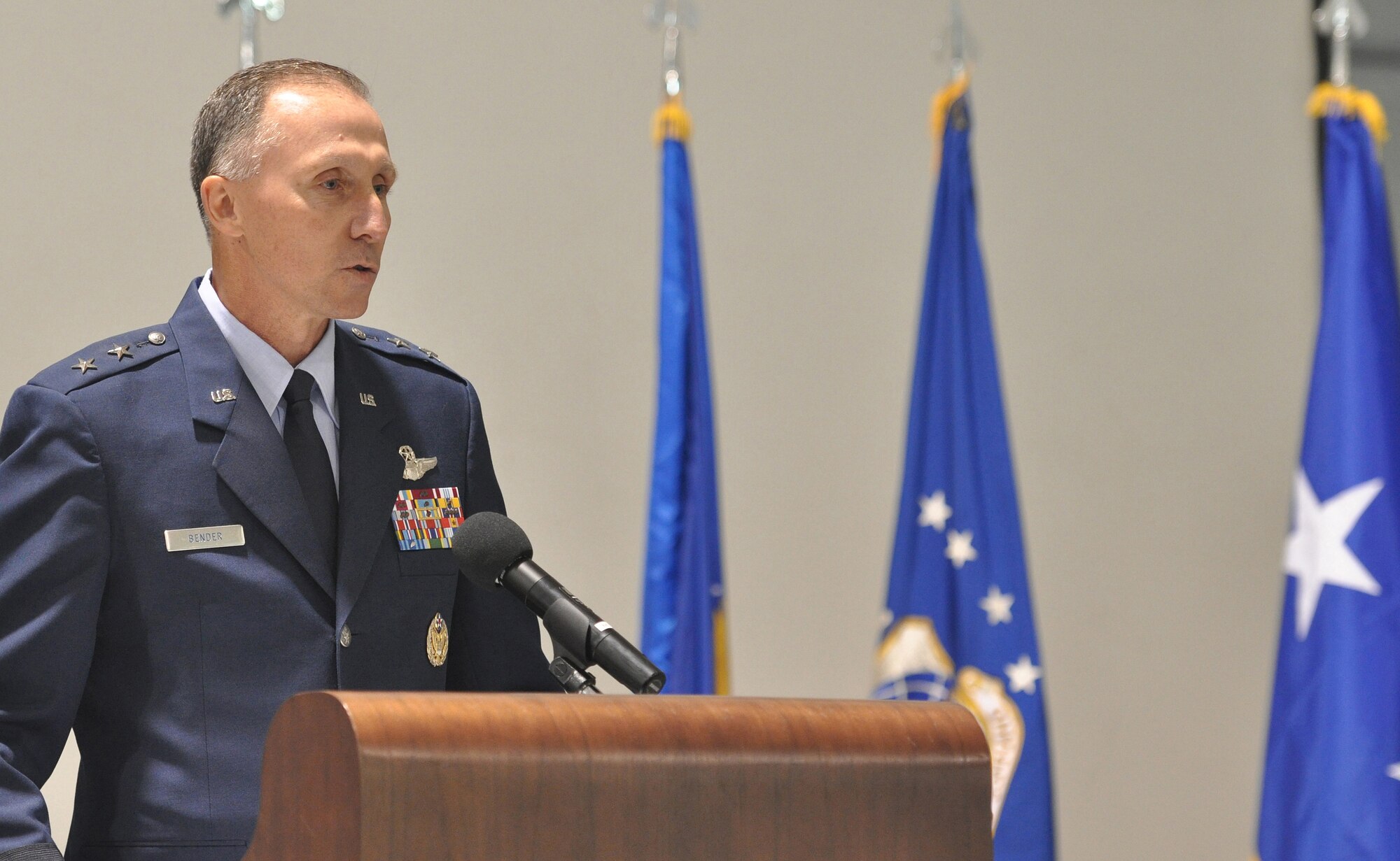Maj. Gen. William Bender, U.S. Air Force Expeditionary Center commander, provides remarks as the presiding official during the inactivation ceremony for the 615th Contingency Response Wing, May 29, 2012, at Travis Air Force Base, Calif. The 615 CRW ceased its operations as a sister wing, ending seven years of mobility excellence. The inactivation ceremony also included the transfer of command of the two contingency response groups and one contingency operations group to the 621st Contingency Response Wing, headquartered at Joint Base McGuire-Dix-Lakehurst, N.J. (U.S. Air Force Photo / Master Sgt. Stan Parker)