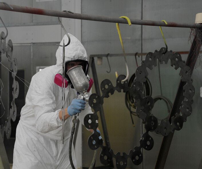 Airman 1st Class Wendell Brown, 2nd Maintenance Squadron fabrication flight, puts primer on B-52H Stratofortress brake components before adding the first coat of paint to them on Barksdale Air Force Base, La., May 29. Painting parts of the B-52H is just one responsibility of the sheet metal Airmen. Other responsibilities include making repairs and checking for corrosion. (U.S. Air Force photo/Airman 1st Class Andrew Moua)(RELEASED)