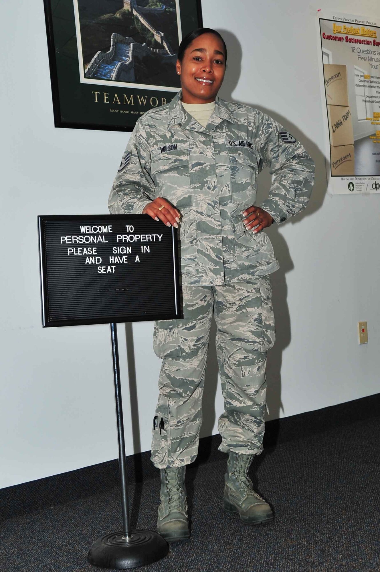 U.S. Air Force Staff Sgt. Angela Wilson, 20th Logistics Readiness NCOIC Squadron personal property, poses for a photo as the Shaw Spotlight, Shaw Air Force Base, S.C. May 30, 2012. Wilson is the Shaw Spotlight for the week of May 28 through June 1. (U.S. Air Force photo by Airman 1st Class Ashley L. Gardner/ Released)