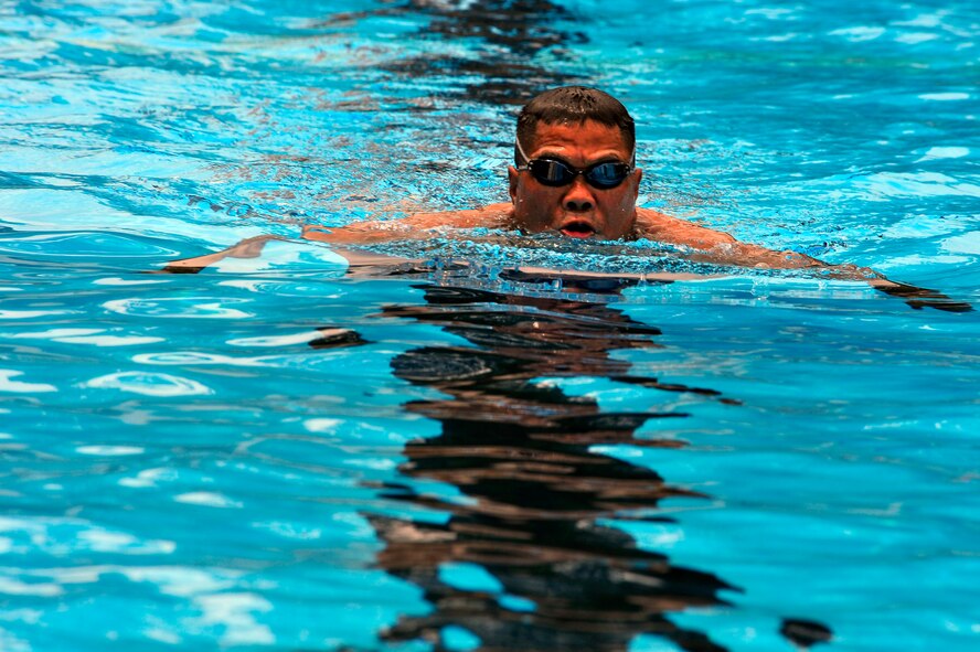 A swimmer swims laps at the Woodland Pool at Shaw Air Force Base, S.C., May 30, 2012. The pool  opened up May 25. (U.S. AIr Force photo by Senior Airman Daniel Phelps/Released)