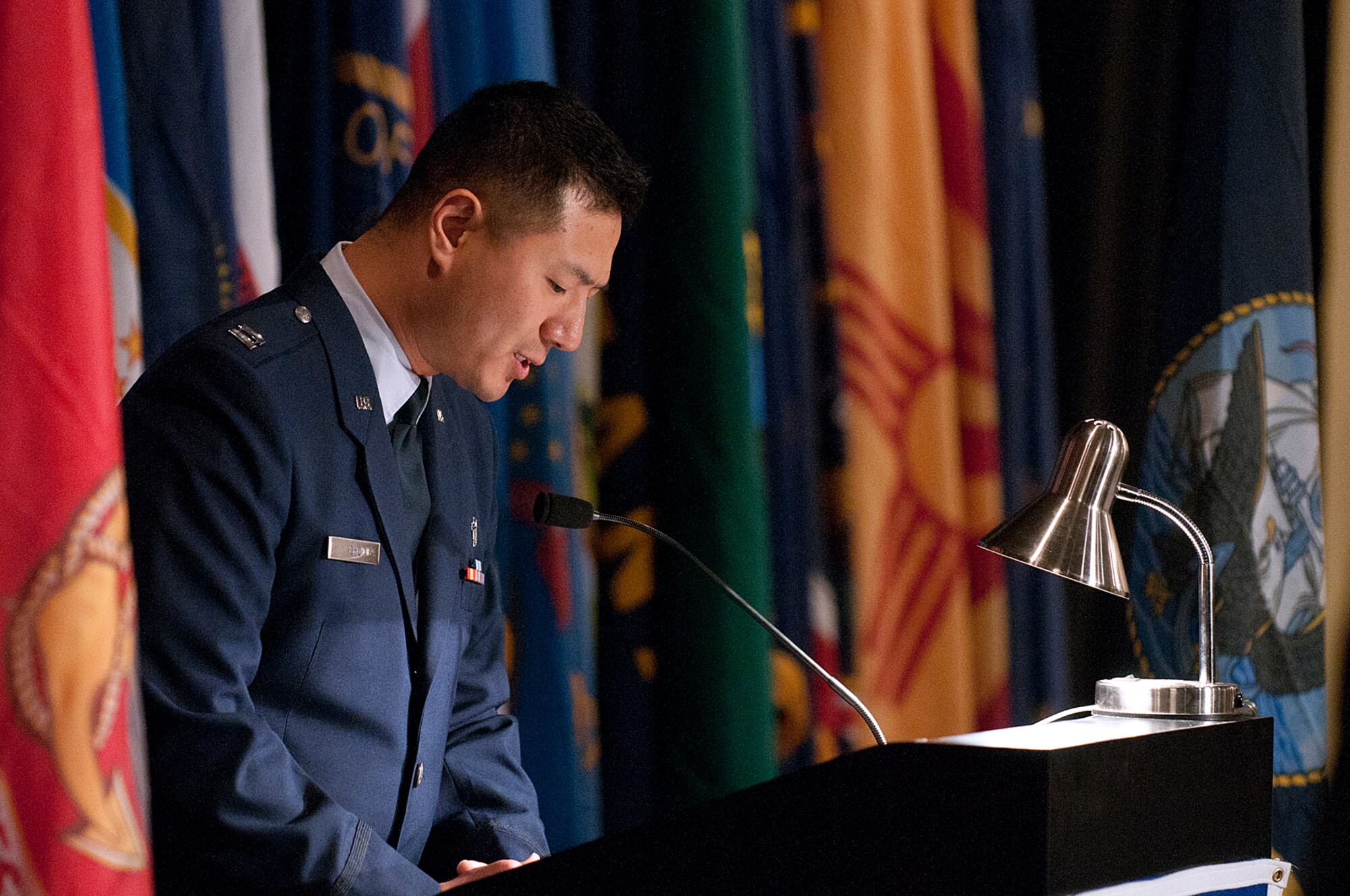 Chaplain (Capt.) Myung Cho, 90th Missile Wing, gives the invocation at the Air Force Association’s Armed Forces Day Banquet in the Cheyenne Holiday Inn May 18. (U.S. Air Force photo by R.J. Oriez)