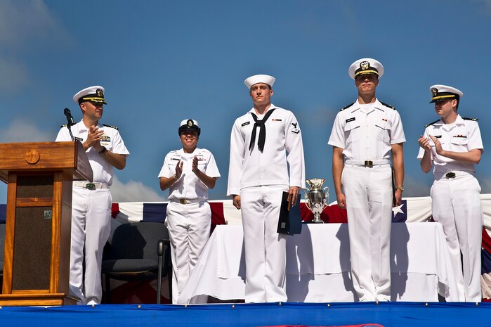 U.S. Navy Petty Officer 3rd Class Ryan McGrorty received the Class Honorman award and Ensign Stephen Edwards received the Vice-Adm. Behrens award for Class 1201 during the Naval Nuclear Power Training Command graduation ceremony at Joint Base Charleston - Weapons Station, S.C., May 25, 2012. The Class Honorman award is given to the sailor with the highest grade point average, while the Behrens award is given to the officer with the highest GPA. (U.S. Air Force photo/Airman 1st Class George Goslin/Released)