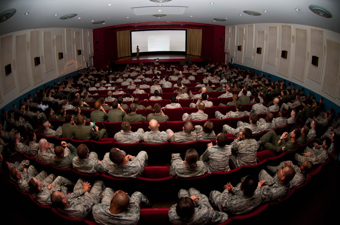 Ellsworth Airmen attend a safety briefing to kick off the Air Force’s Critical Days of summer campaign at Ellsworth Air Force Base, S.D., May 24, 2012 as part of the base’s Safety Day prior to Memorial Day weekend. Among the many areas covered throughout the brief, one of several scheduled throughout the day, motor vehicle accidents and recreational injuries were the main areas of concern. (U.S. Air Force photos by Airman 1st Class Zachary Hada/Released)
