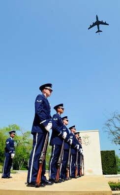 MADINGLEY, England – An RAF Mildenhall KC-135 Stratotanker performs a fly-by during the Madingley American Cemetery Memorial Service in Cambridge May 28, 2012. There were a total of three flyovers during the service to include a MC-130H Combat Talon II from RAF Mildenhall, and four F-15C Eagles from RAF Lakenheath. (U.S. Air Force photo/Senior Airman Ethan Morgan)