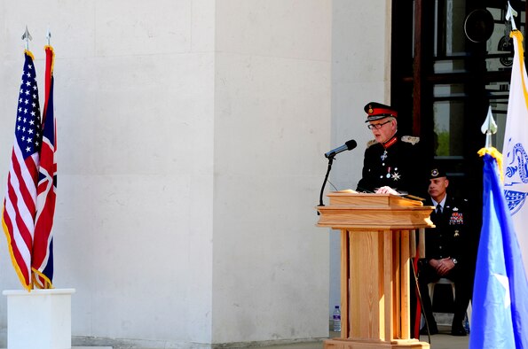 MADINGLEY, England – Hugh Duberly, Her Majesty's Lord-Lieutenant of Cambridgeshire, speaks to the attending American and British communities during the Madingley American Cemetery Memorial Service near Cambridge May 28, 2012. Duberly was one of two guest speakers, along with Navy Rear Adm. Mark Montgomery, U.S. European Command representative. (U.S. Air Force photo/Senior Airman Ethan Morgan)