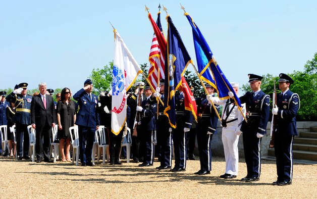 MADINGLEY, England – The RAF Mildenhall Honor Guard posts the colors during the Madingley American Cemetery Memorial Service near Cambridge May 28, 2012. The service is held annually by RAF Mildenhall and includes full military honors to remember fallen heroes. (U.S. Air Force photo/Senior Airman Ethan Morgan)
