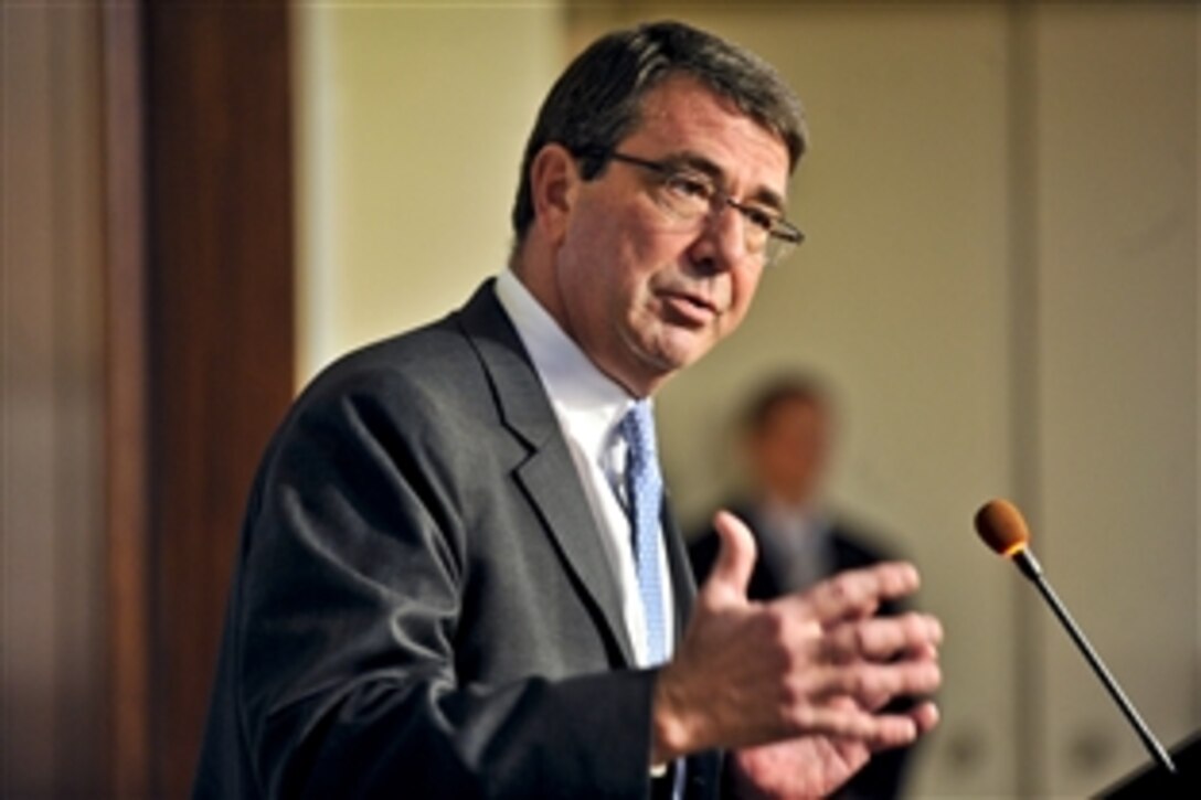 Deputy Defense Secretary Ashton B. Carter delivers remarks on budget priorities for defense in the 21st century at the American Enterprise Institute in Washington, D.C., May 30, 2012.