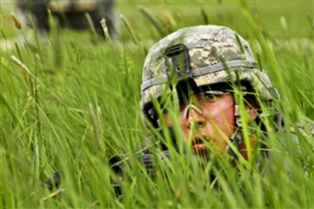 A U.S. soldier takes cover in high grass after dismounting a Stryker armored vehicle during a blank live fire exercise at the Grafenwoehr Training Area in Germany, May 24, 2012. 
