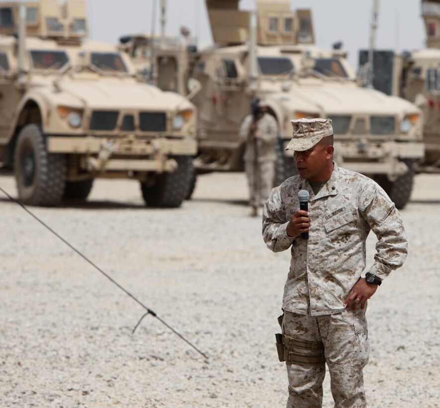 Lt. Col. Ferdinand Llantero, commanding officer of 8th Engineer Support Battalion, addresses guests during a transfer of authority ceremony aboard Camp Leatherneck, Afghanistan, May 30. Llantero emphasized his battalion’s eagerness to get started in one sentence: “Sir, we’re ready to go.”