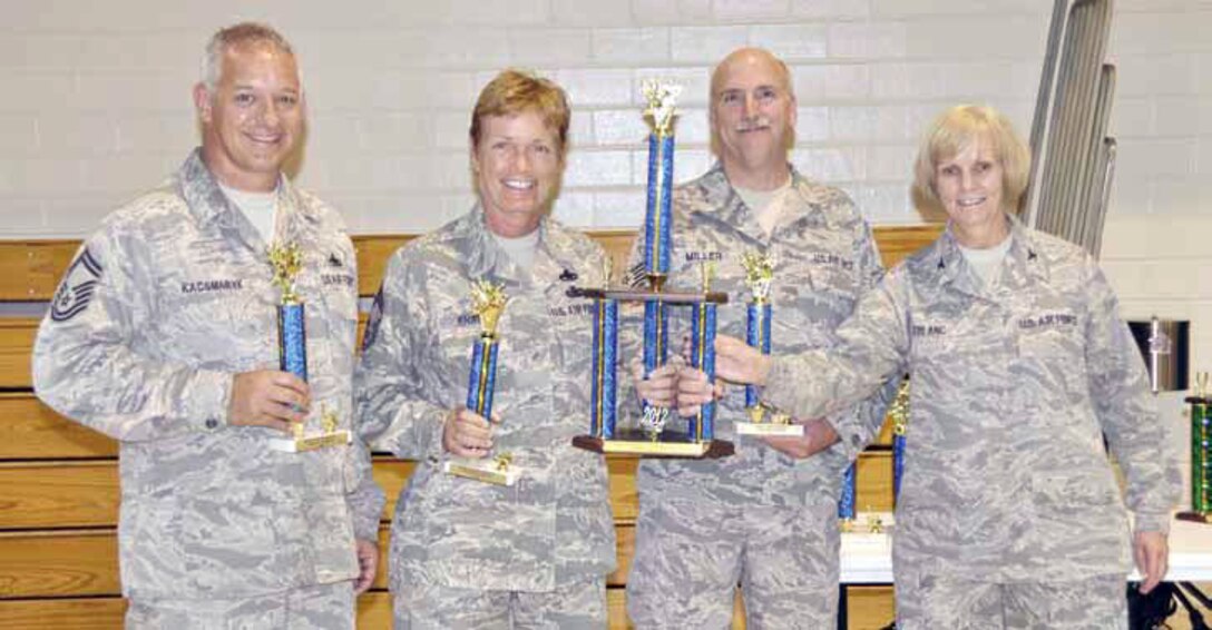 Team members from left are Senior Master Sgt. Michael Kacsmaryk, assistant
coach, Chief Master Sgt. Karen Krause and Tech. Sgt. Richard Miller. Members
not shown are coach Aaron Wall, Kathleen Buckner, and Tom Maupin. Col Pam LeBlanc, 452 MSG commander, right, presents the trophy. (U.S. Air Force photo)