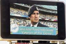 The Los Angeles Dodgers honored Senior Airman Richard Sauceda 163d Security Forces Squadron as the Veteran of the Game, May 14. (U.S. Air Force photo by Master Sgt. Julie Avey)