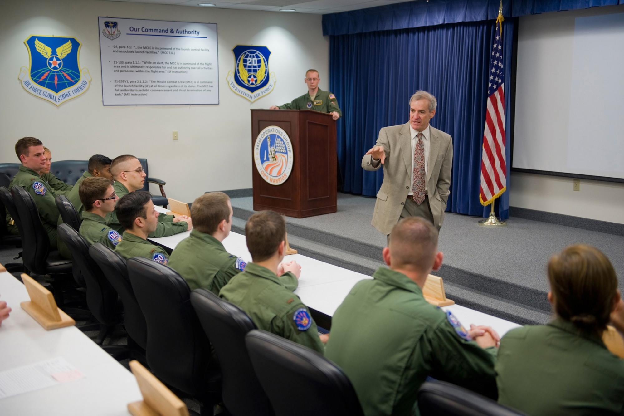 Kenneth Callicutt, U.S. Strategic Command Director of Capability and Resource Integration, addresses missileers at the 341st Operations Group pre-departure briefing May 23. (U.S. Air Force photo/Beau Wade)