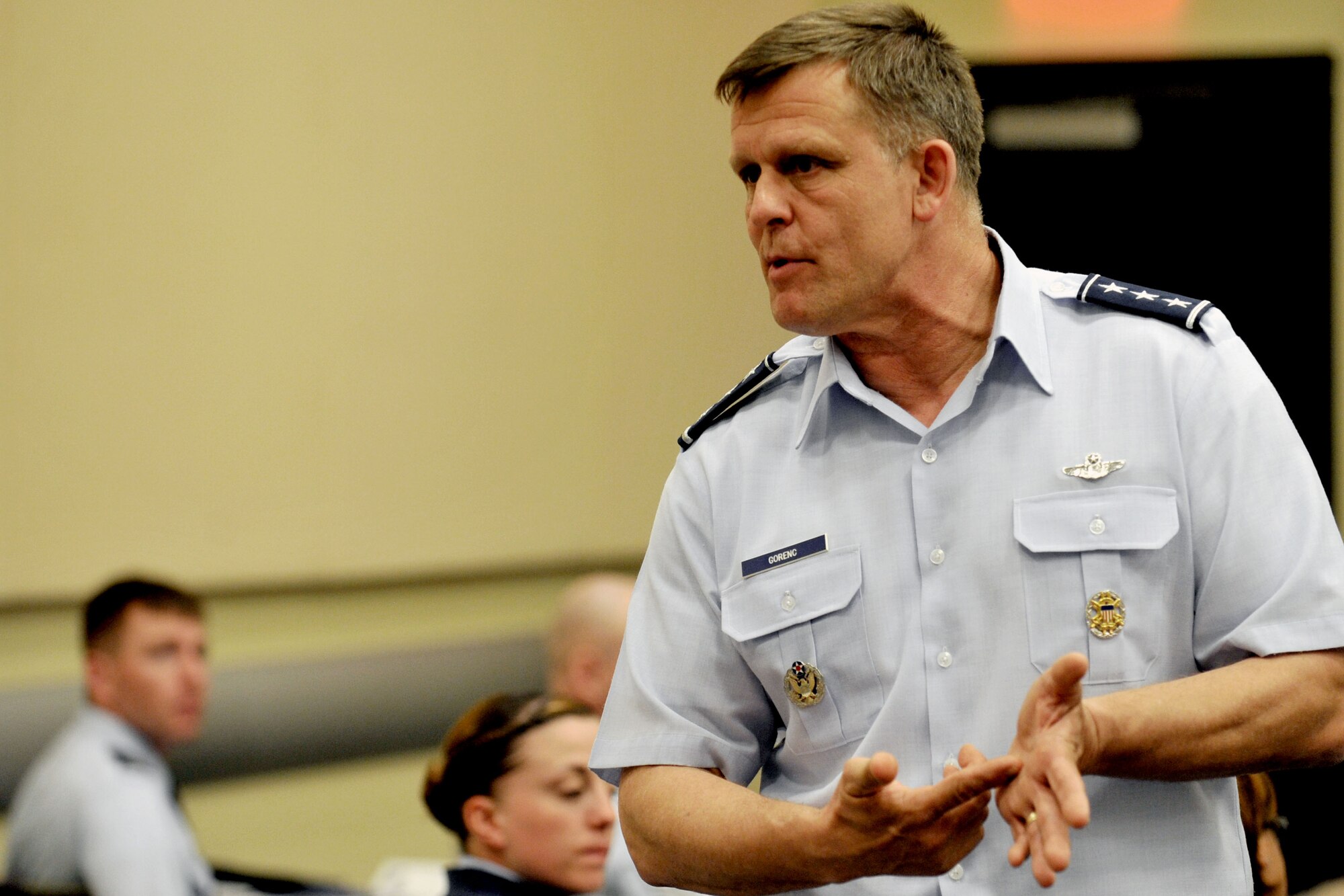 U.S. Air Force Assistant Vice Chief of Staff Lt. Gen. Frank Gorenc speaks during the Air Force District of Washington Capital Airmen Course May 21 at Joint Base Andrews, Md.  Gorenc, who commanded AFDW from June 2007 to August 2008, shared his unique perspective on the changes he has seen over his 33-year career, and spoke to the Capital Airmen about the fast-paced changes happening in today’s Air Force.  The four-day course was focused on developing young AFDW leaders by educating them and their spouses about the command as well as to underscore the high-visibility and importance of AFDW’s mission.  (U.S. Air Force photo by Tech. Sgt. Raymond Mills)