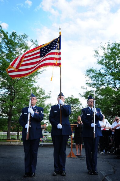 A Color Guard detail from the 180th Fighter Wing presents the colors during a ceremony at Lutheran Village, an assisted and independent living community, in Toledo, Ohio, May 30. The ceremony was held for residents who served in the U.S. Armed Forces. (U.S. Air Force photo by Senior Airman Amber Williams/Released)