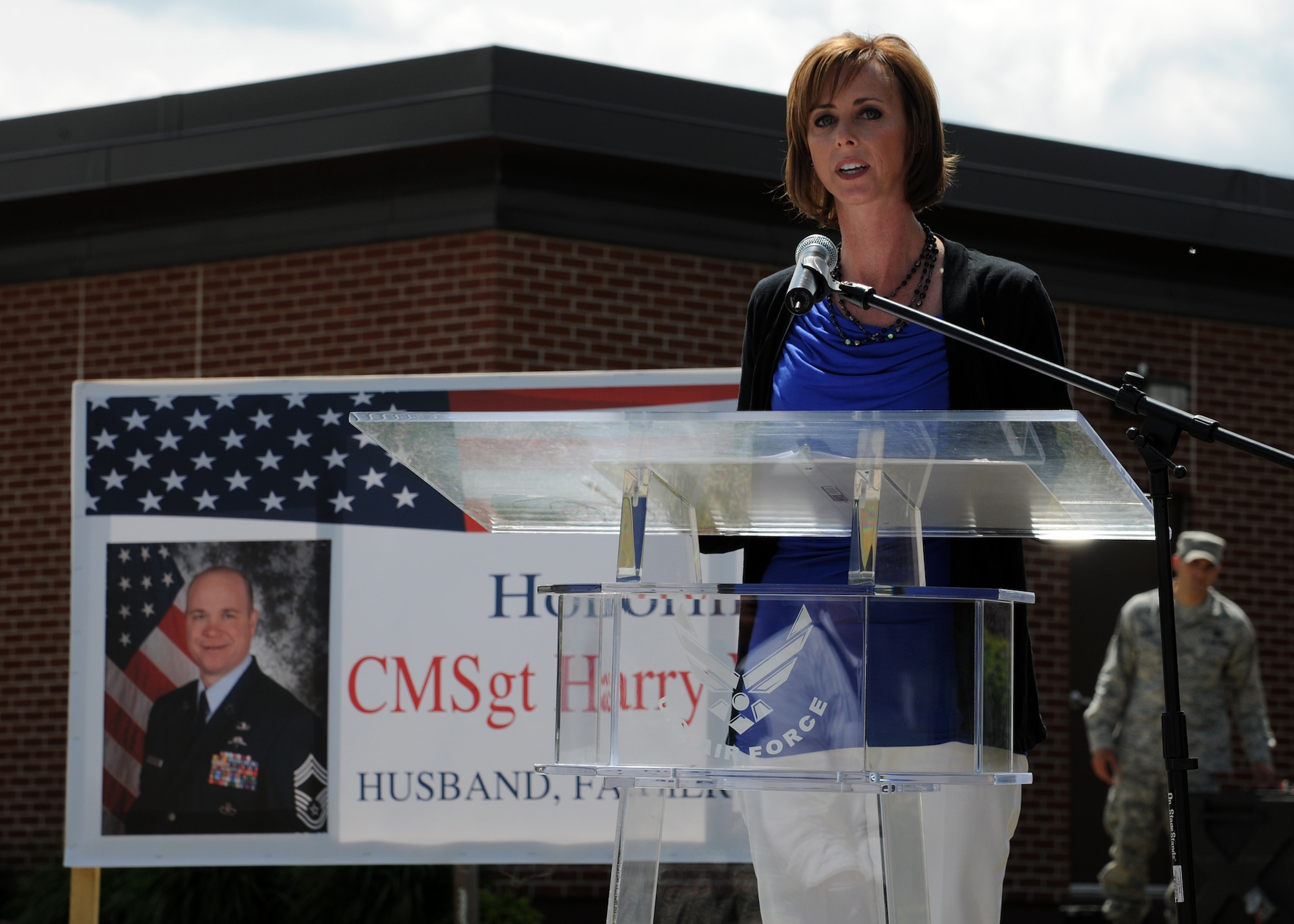 Tracy Walker speaks at the Rededication Ceremony for her late husband, Chief Master Sgt. Harry Walker, on May 30, 2012, on Grand Forks Air Force Base, N.D. (Air Force photo by Airman 1st Class Ashley N. Taylor)