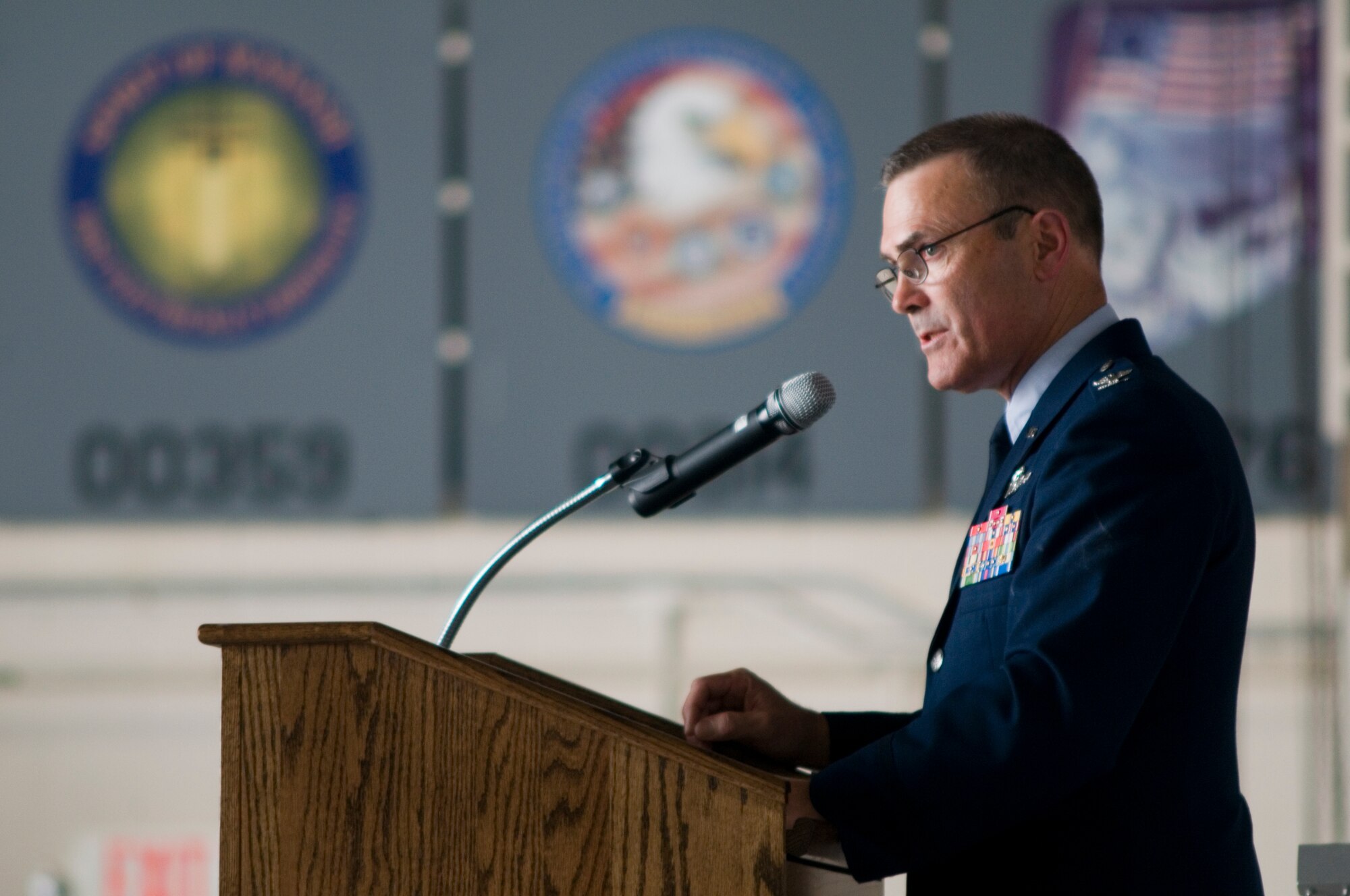GRISSOM AIR RESERVE BASE, Ind. -- Col. William T. "Tim" Cahoon, 434th Air Refueling Wing commander, gives a speech during his retirement ceremony May 20 at Grissom. Cahoon began his Air Force career in 1977 and has piloted the A-10 Thunderbolt II, F-16 Falcon, T-38A/C Talon, KC-135R/A Stratotanker and T-37 Tweet. (U.S. Air Force photo/Senior Airman Andrew McLaughlin)