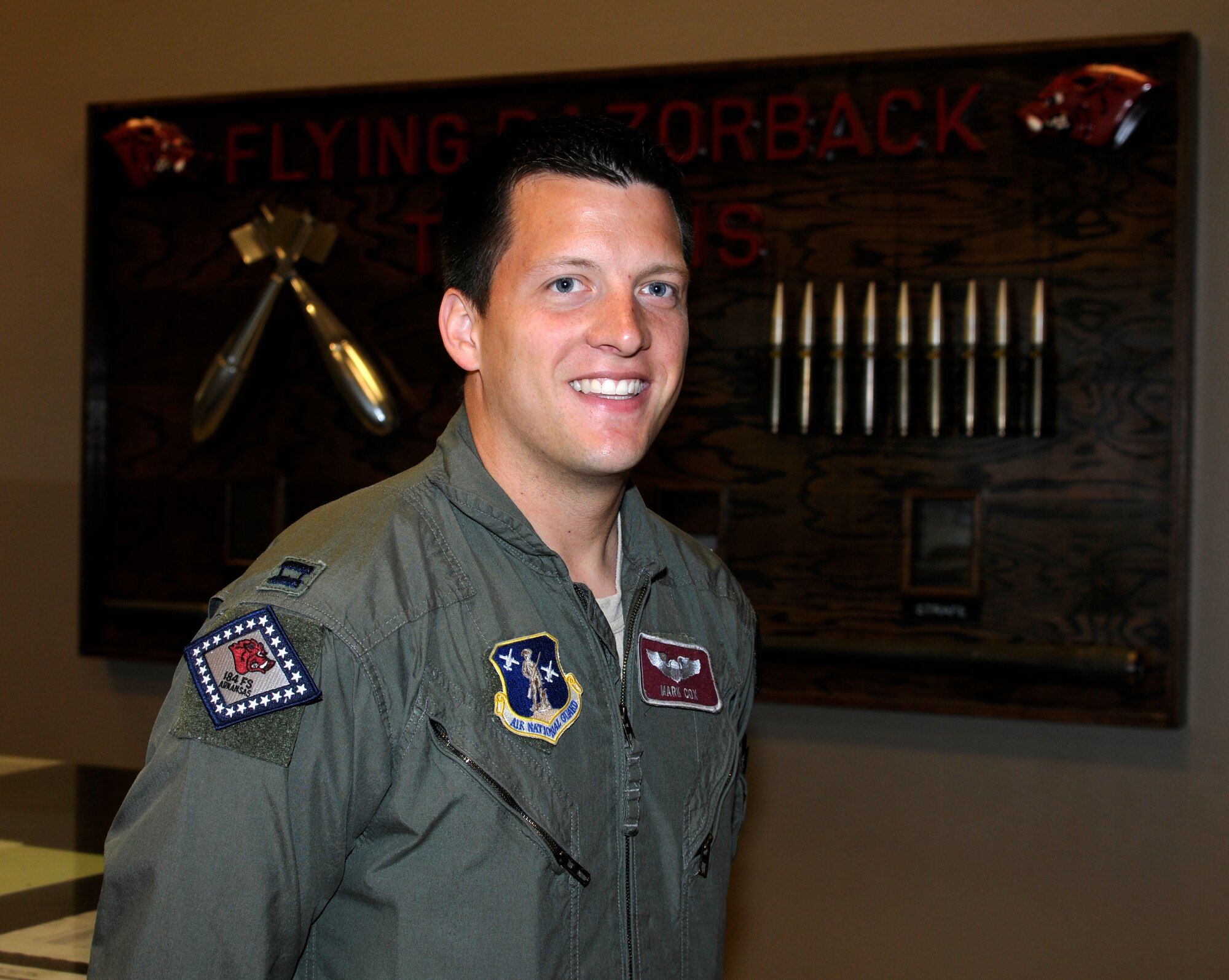 Capt. Mark Cox, a member of the 188th Operations Group, was selected as the 188th Fighter Wing’s Flying Razorback spotlight for June 2012. (National Guard photo by Senior Master Sgt. Dennis Brambl/188th Fighter Wing Public Affairs)