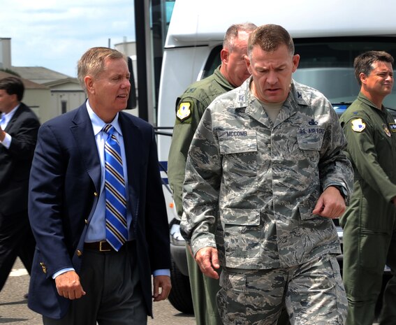 Colonel Richard McComb, Joint Base Charleston commander, speaks with U.S. Sen. Lindsey Graham from South Carolina upon his arrival May 29, 2012 to JB Charleston, S.C. Graham visited the base to have an open forum with JB Charleston leadership. (U.S. Air Force photo/Airman 1st Class Ashlee Galloway)