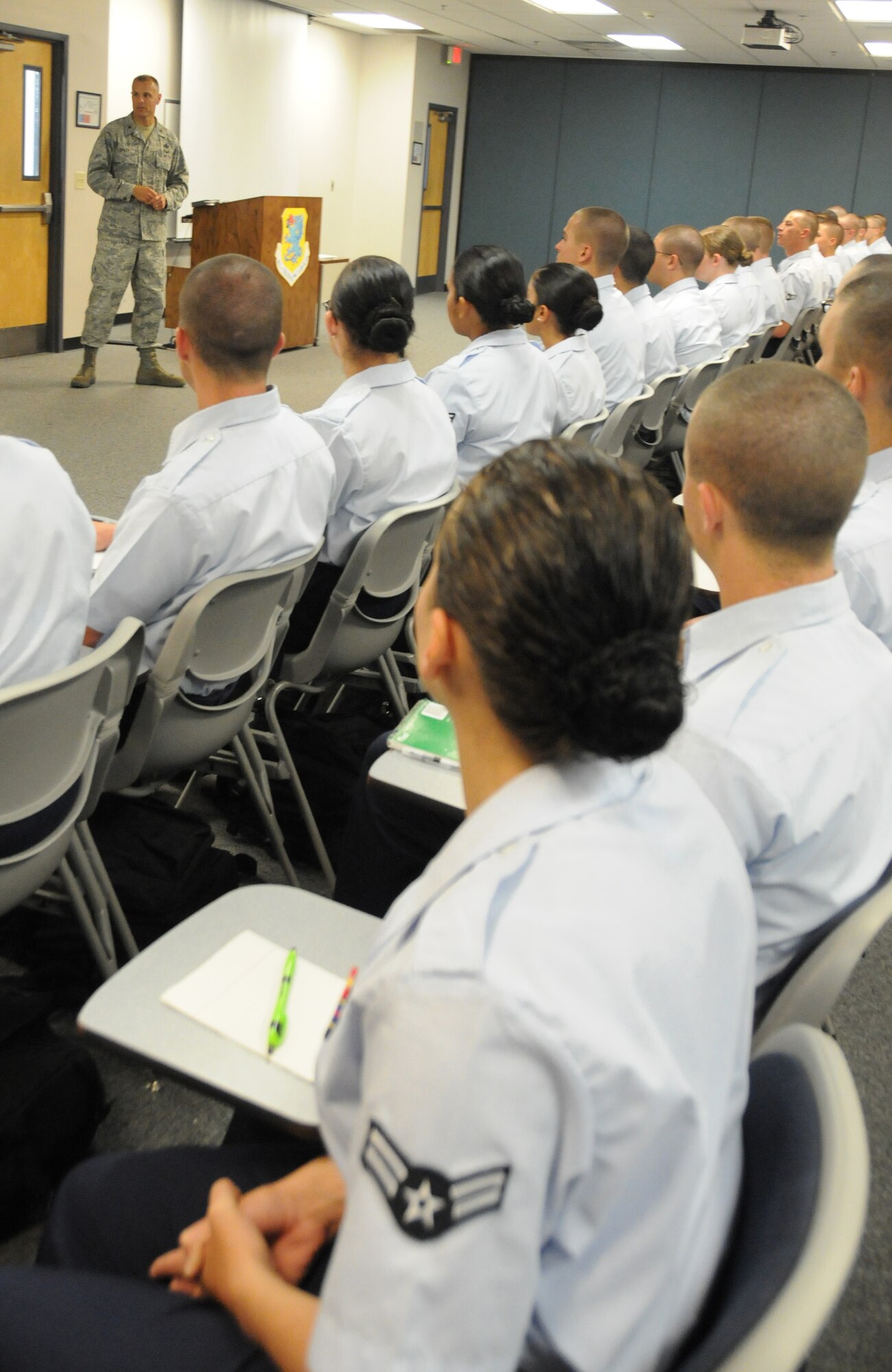 Brig. Gen. Bradley Spacy, 81st Training Wing commander, speaks to students at the Levitow Training Support Facility for the airmen Inprocessing briefing May 22, 2012, at Keesler Air Force Base, Miss.  Spacy visited the 81st Training Group to gain an understanding of their mission, operations and personnel.  (U.S. Air Force photo by Kemberly Groue)