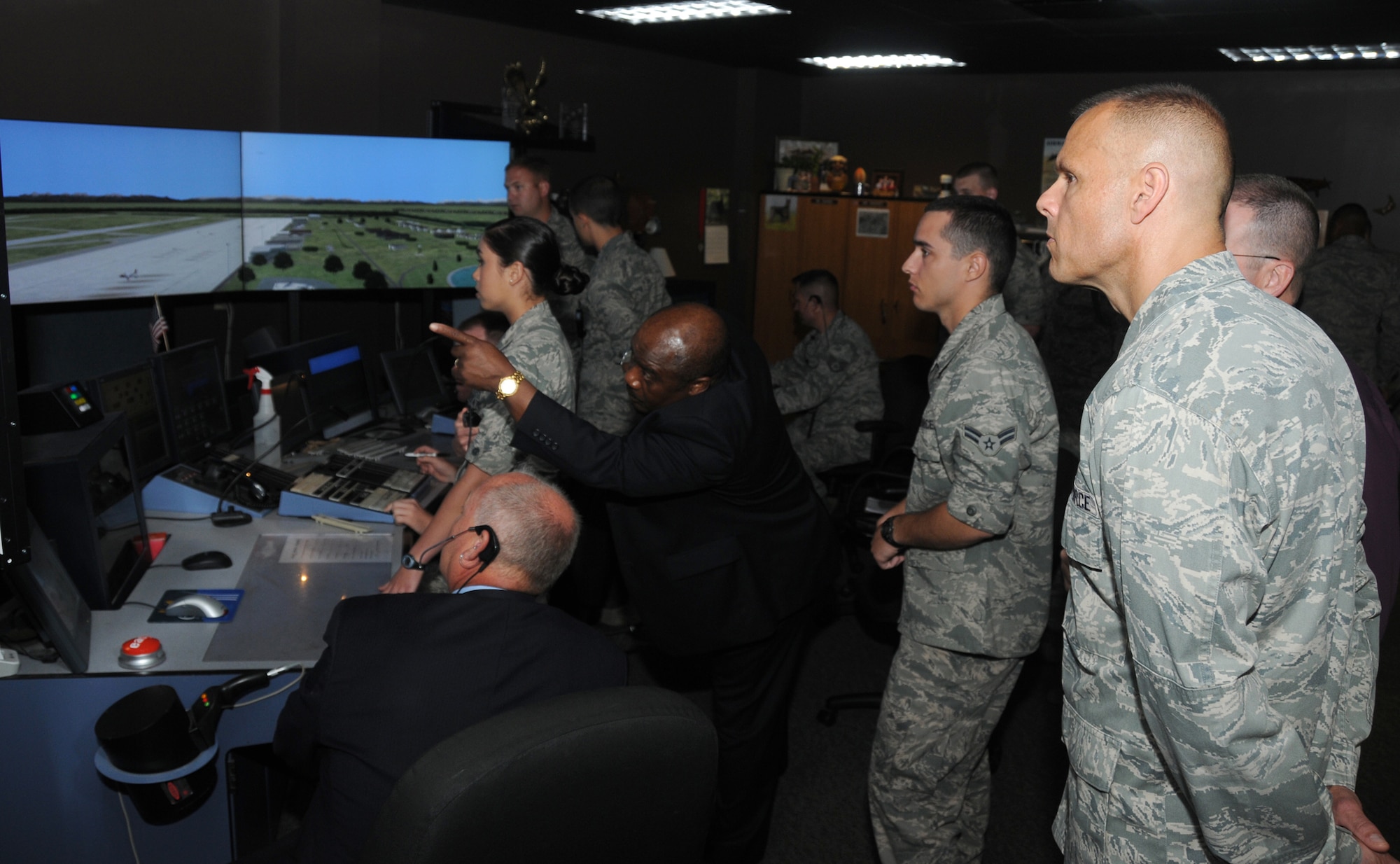 Brig. Gen. Bradley Spacy, 81st Training Wing commander, tours the334th Training Squadron air traffic control tower simulator May 22, 2012, at Cody Hall, Keesler Air Force Base, Miss. Spacy visited the 81st Training Group to gain an understanding of their mission, operations and personnel.  (U.S. Air Force photo by Kemberly Groue)