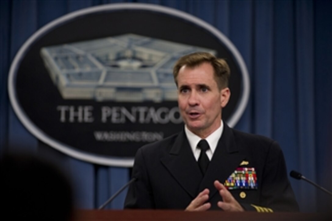 Deputy Assistant Secretary of Defense for Media Operations Capt. John Kirby briefs the media at the Pentagon, on May 31, 2012.  