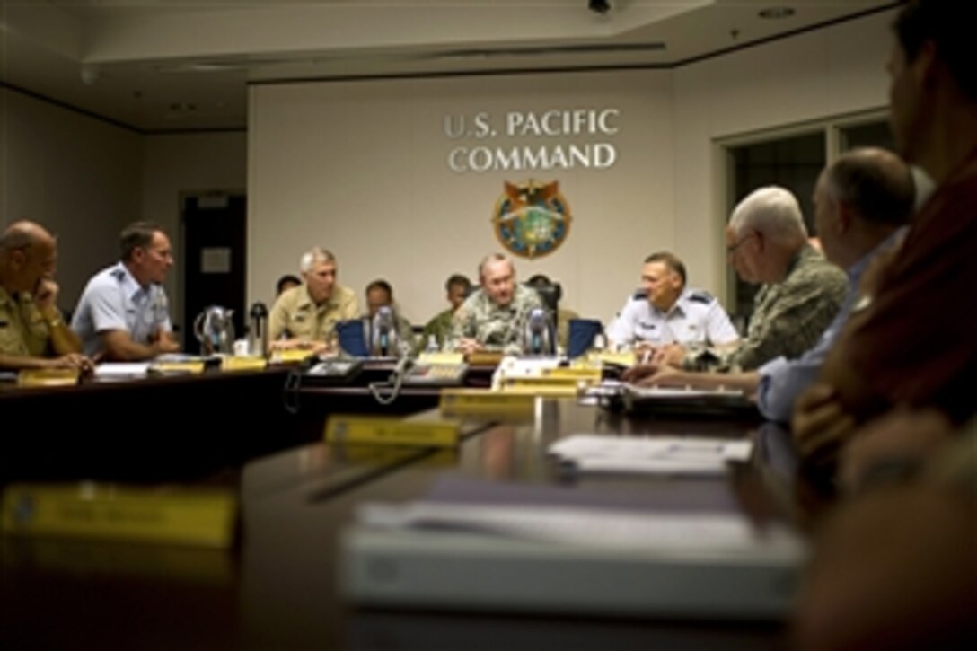 Army Gen. Martin E. Dempsey, chairman of the Joint Chiefs of Staff, addresses senior leaders of the U.S. Pacific Command on Camp H.M. Smith, Hawaii, May 30, 2012. Dempsey arrived in Honolulu to begin a week focused on Asia-Pacific military-to-military engagement centered on the annual Asian security summit known as the Shangri-La Dialogue in Singapore. 