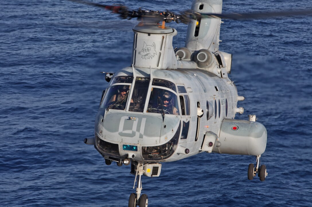 A CH-46E Sea Knight from Marine Medium Helicopter Squadron 364, 15th Marine Expeditionary Unit, lands on the flight deck of the USS Peleliu during Phibron 3 and the 15th MEU’s PHIBRON-MEU Interoperability Training exercise off the coast of Southern Calif., May 31. The exercise is the MEU’s first time at-sea as an entire Marine Air Ground Task Force and gives Marines and sailors the opportunity to become familiar working together as a blue-green team.
