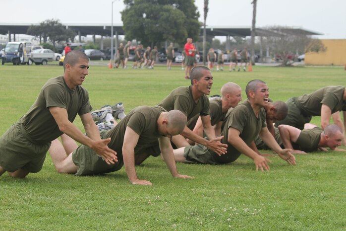 Recruits of Company A clap their hands after each push up during their warm-up exercise aboard Marine Corps Recruit Depot San Diego May 10. The recruits listened for the blow of a whistle to know when to move to the next station.