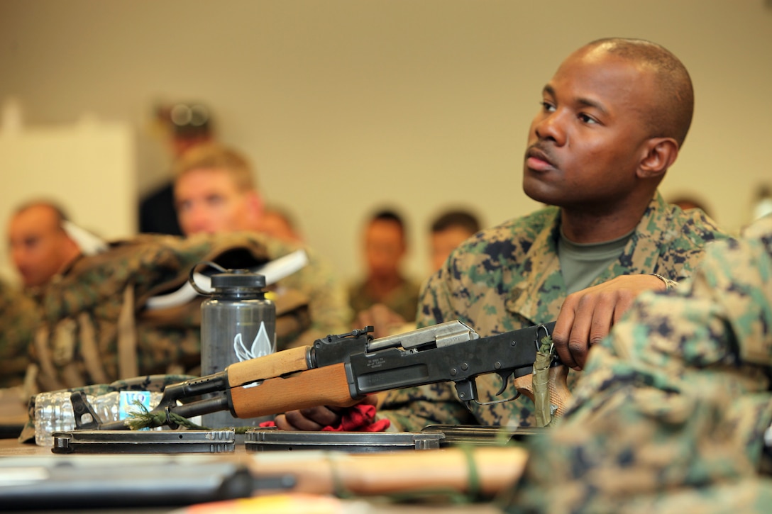 Sgt. Dane Salmon, with Special-Purpose Marine Air-Ground Task Force Africa, learns proper cleaning techniques for the AK-47 assault rifle at the Tier 1 Group Training Facility, Oct. 23, 2012. The Marines and Sailors of Special-Purpose MAGTF Africa learned how to operate and maintain various foreign weapons in preparation for their upcoming deployment.