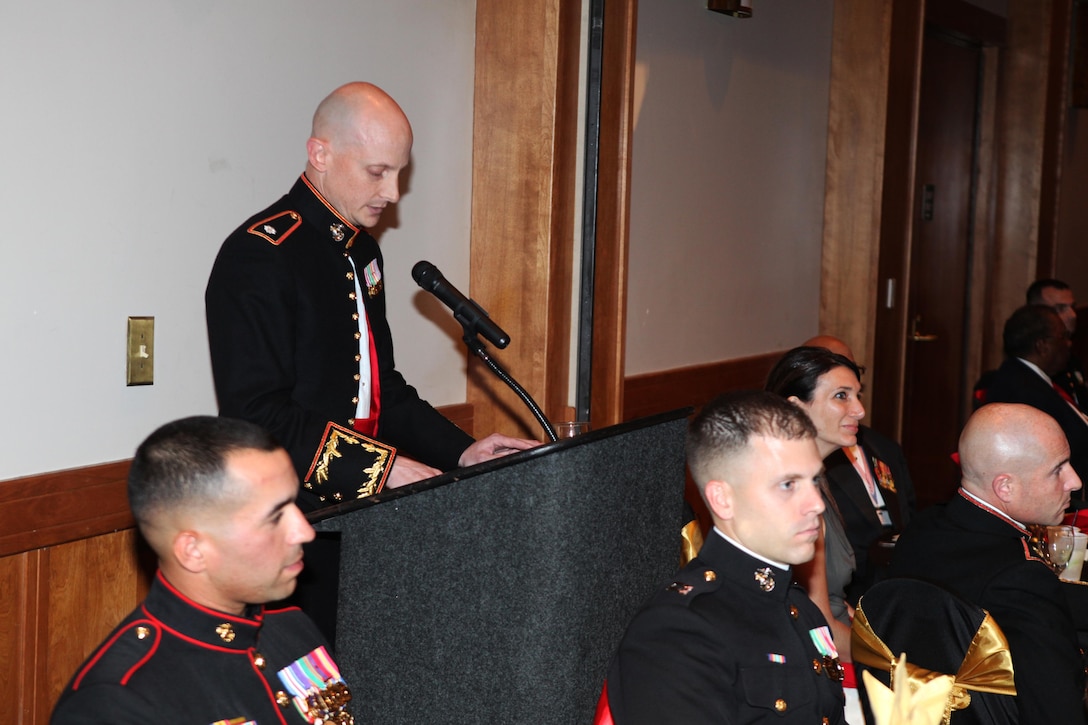Lt. Col. Jesse A. Kemp, the commanding officer of 2nd Supply Battalion, Combat Logistics Regiment 25, 2nd Marine Logistics Group, speaks about the battalion’s close relationship with the Montford Point Marines during the unit’s Marine Corps Birthday ball in New Bern, N.C., Oct. 29, 2012. Several members of the Montford Point Marines joined 2nd Supply Battalion to celebrate the Marine Corps’ 237th birthday. 