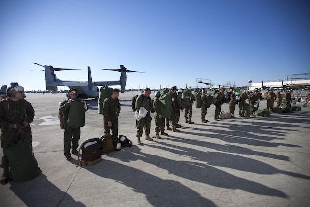 Marines and sailors with the 26th Marine Expeditionary Unit prepare to deploy aboard the USS Wasp (LHD-1) Nov. 1, 2012, in support of Hurricane Sandy disaster relief efforts in New York and New Jersey. The 26th MEU is able to provide generators, fuel, clean water, and helicopter lift capabilities to aid in disaster relief efforts. The 26th MEU is currently conducting pre-deployment training, preparing for their departure in 2013. As an expeditionary crisis response force operating from the sea, the MEU is a Marine Air-Ground Task Force capable of conducting amphibious operations, crisis response, and limited contingency operations.