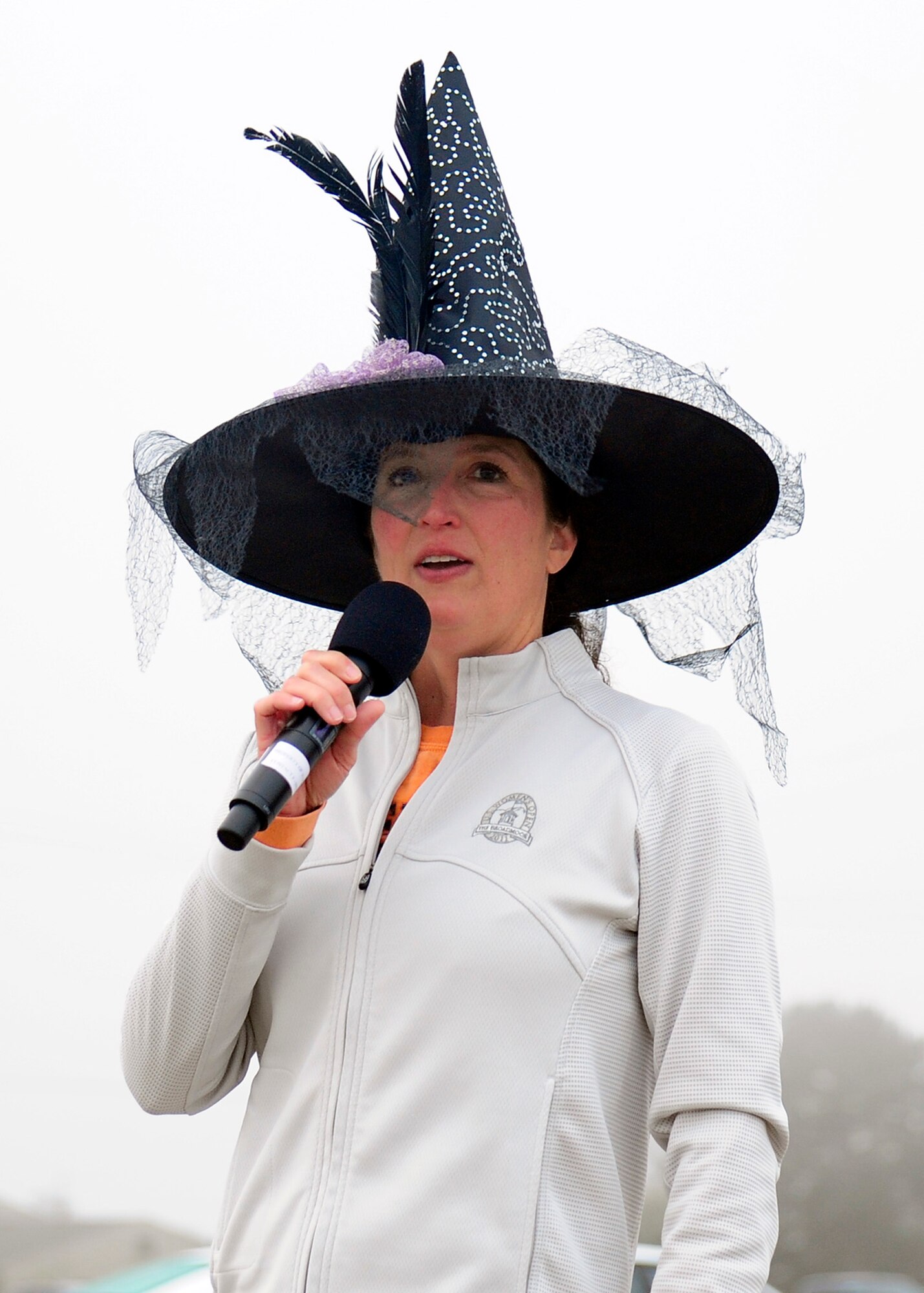 VANDENBERG AIR FORCE BASE, Calif. -- Col. Nina Armagno, 30th Space Wing Commander, speaks to Team Vandenberg members after the wing run here Wednesday, Oct. 31, 2012. Team V members were invited to participate in costume in celebration of Halloween.(U.S. Air Force photo/Michael Peterson)