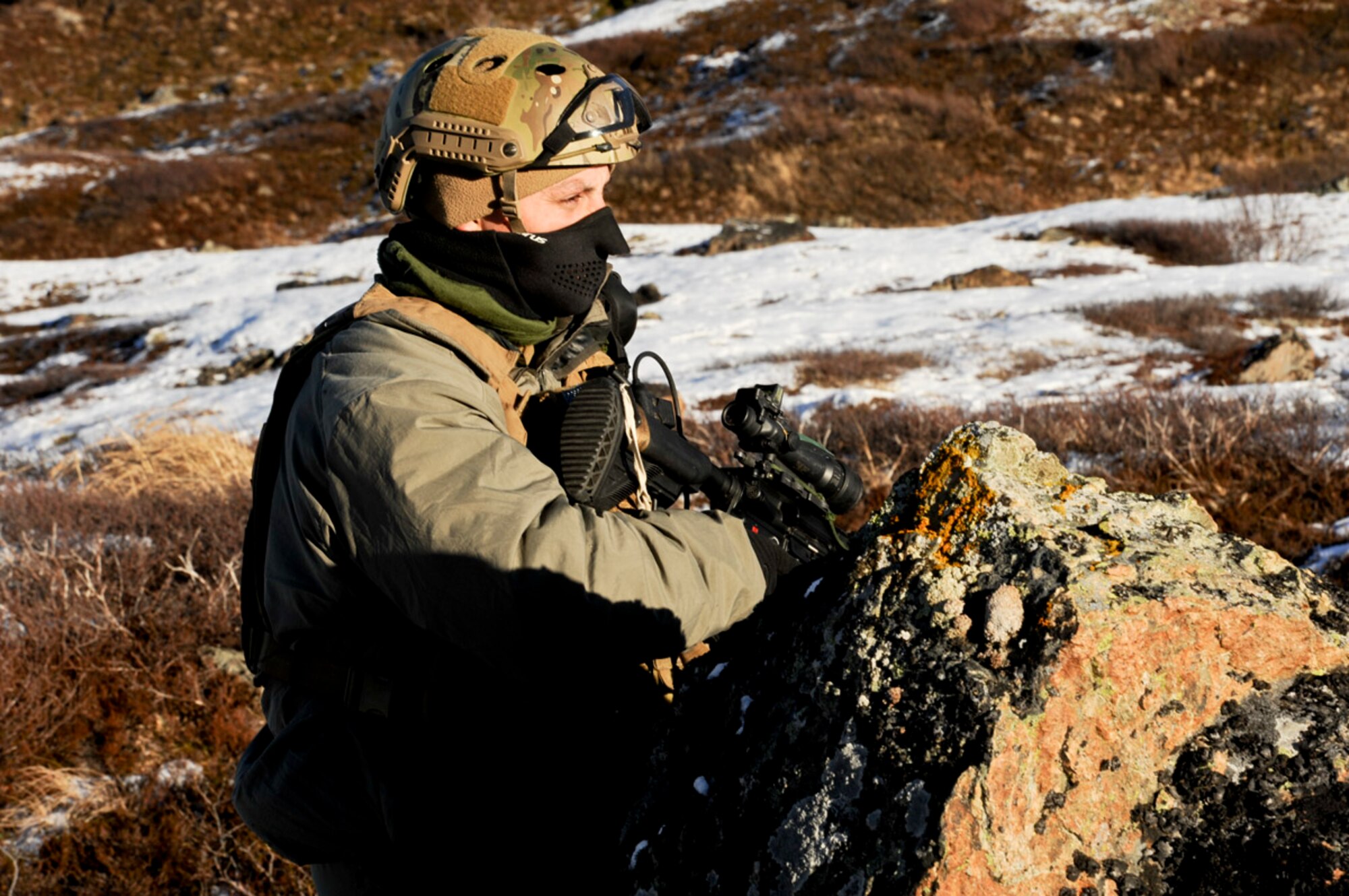 JOINT BASE ELMENDORF-RICHARDSON, Alaska -- U.S. Reconnaissance Marine  Corparal Brian Higdon, of 1st Reconnaissance Battalion, Camp Pendleton, records the wind speed for the Marines who will perform a high altitude-low opening jump into Drop Zone Geronimo, October 26. The Force Recon Marines were practicing a tactical recovery of aircraft and personnel at DZ Geronimo, located in a valley of the Chugach mountains. (U.S. Air Force Photo/ Airman 1st Class Omari Bernard)